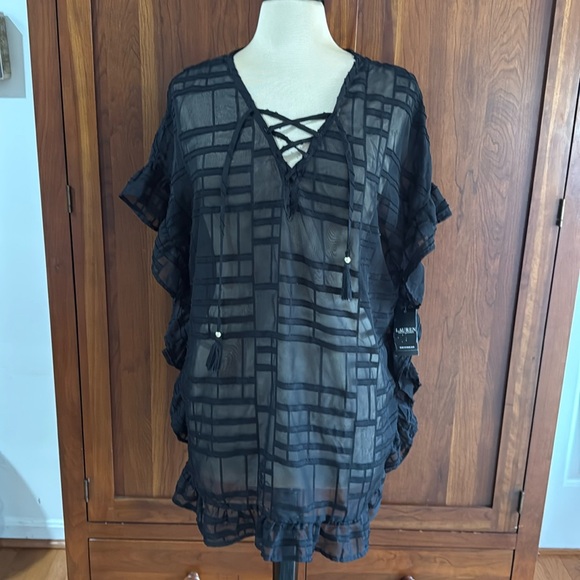 Black Ruffled Sheer Top Coverup - Picture 1 of 7